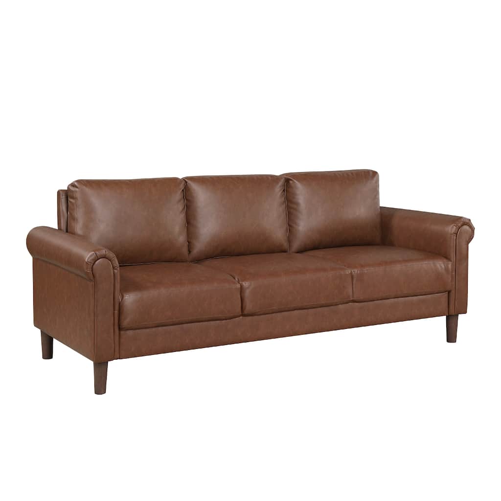 Lo Sofa w Rolled Arms, Mid Century Brown Faux Leather 79 Inch