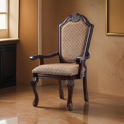 Loki 29 Inch Dining Armchair Set of 2, Beige Fabric, Crown Top Back, Brown