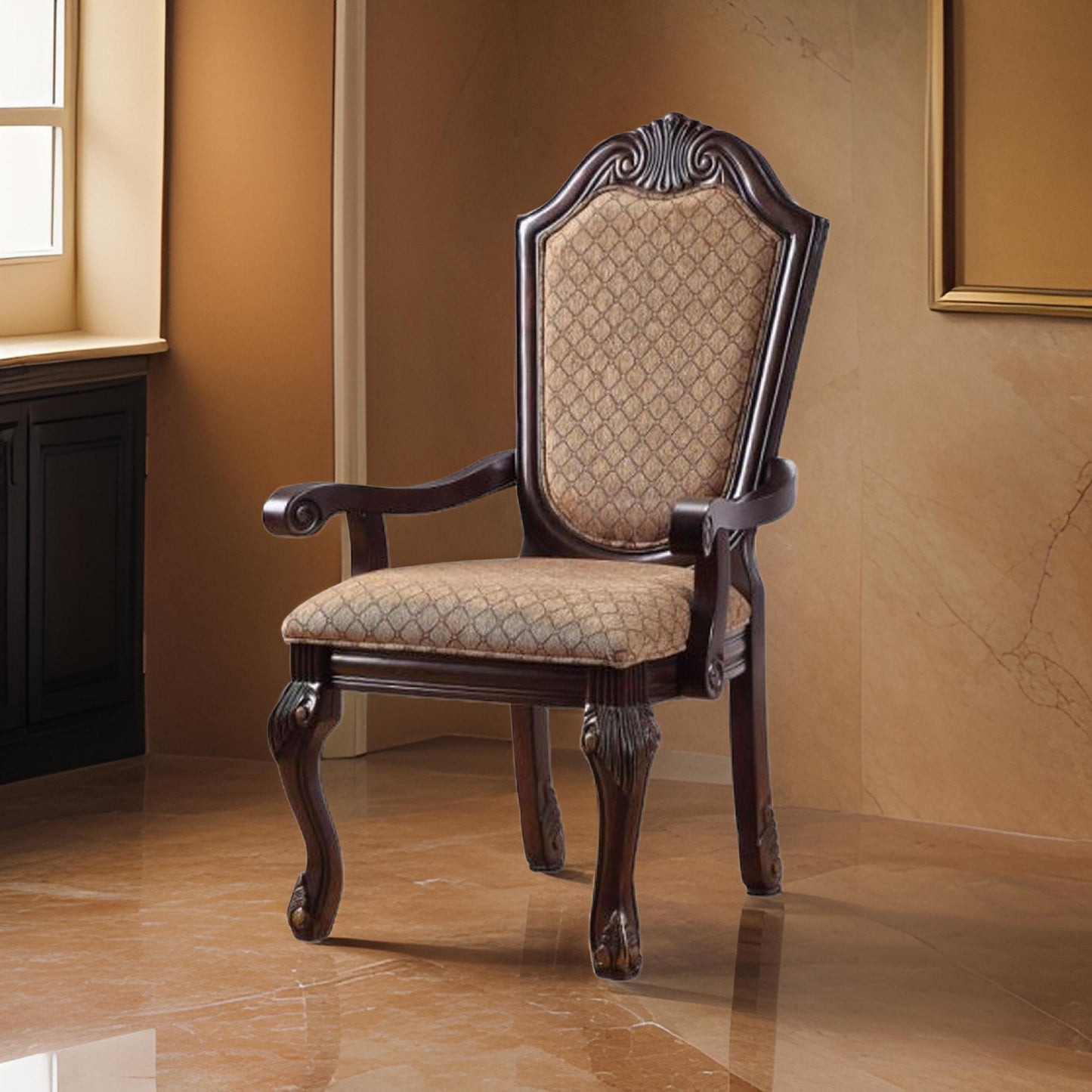 Loki 29 Inch Dining Armchair Set of 2, Beige Fabric, Crown Top Back, Brown