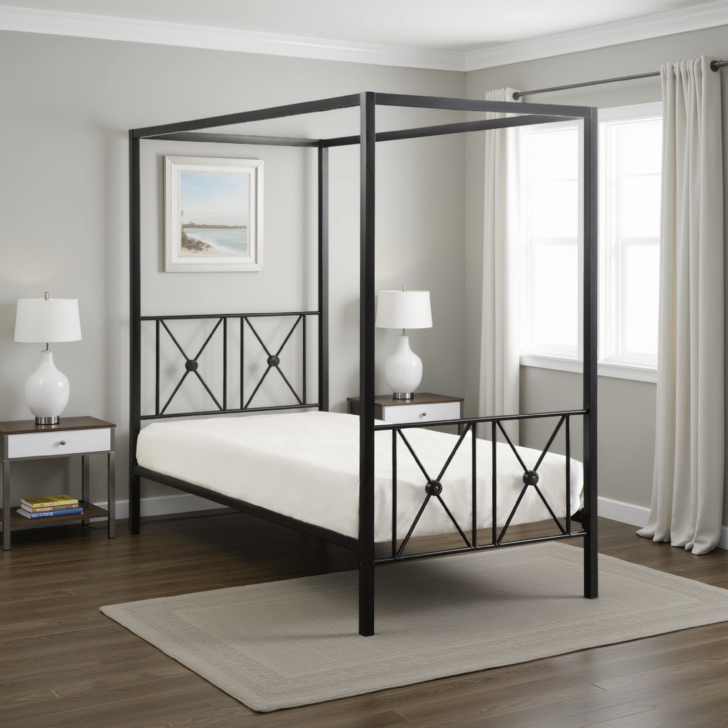 Lone Metal Canopy Bed Twin Size, Square Posts, Platform Base, Modern Black