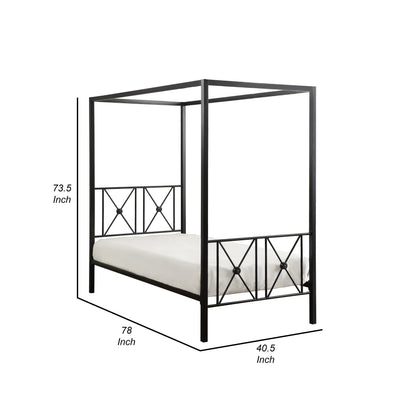 Lone Metal Canopy Bed Twin Size, Square Posts, Platform Base, Modern Black