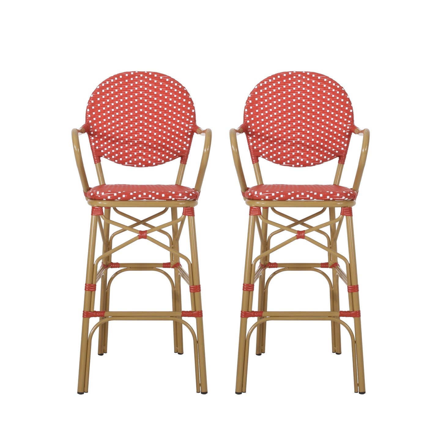 Lyam Set of 2 Outdoor Barstool Chair, Red Woven Wicker, Brown Aluminum