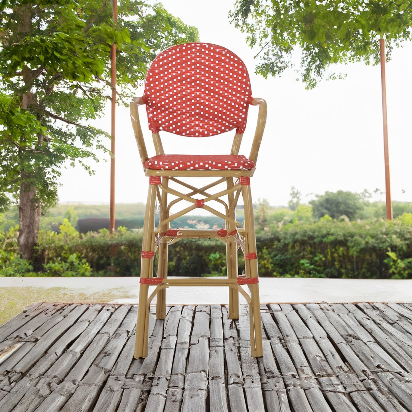 Outdoor Barstool Set of 2, Red and White Wicker Seat, Brown Aluminum