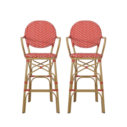 Lyam Set of 2 Outdoor Barstool Chair, Red Woven Wicker, Brown Aluminum