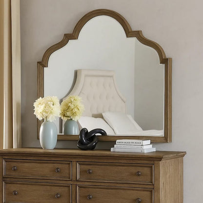 Lyla Dresser Mirror, Beveled Glass, Rustic Oak Brown Solid Wood, 41x50