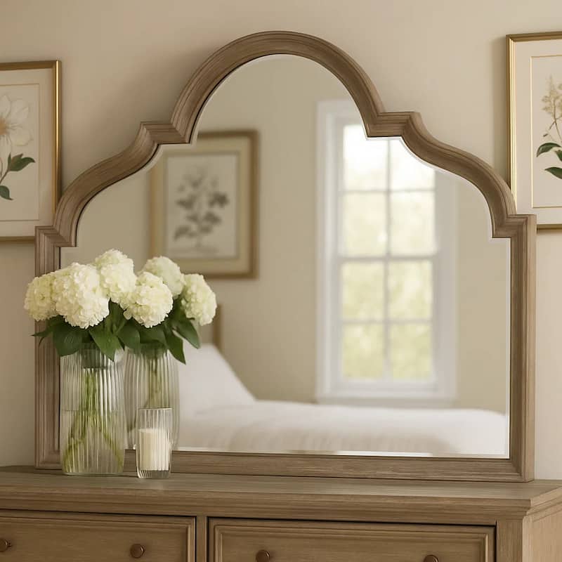Reven Dresser Mirror, Beveled Glass, Weathered Oak Solid Wood, 46 Inch