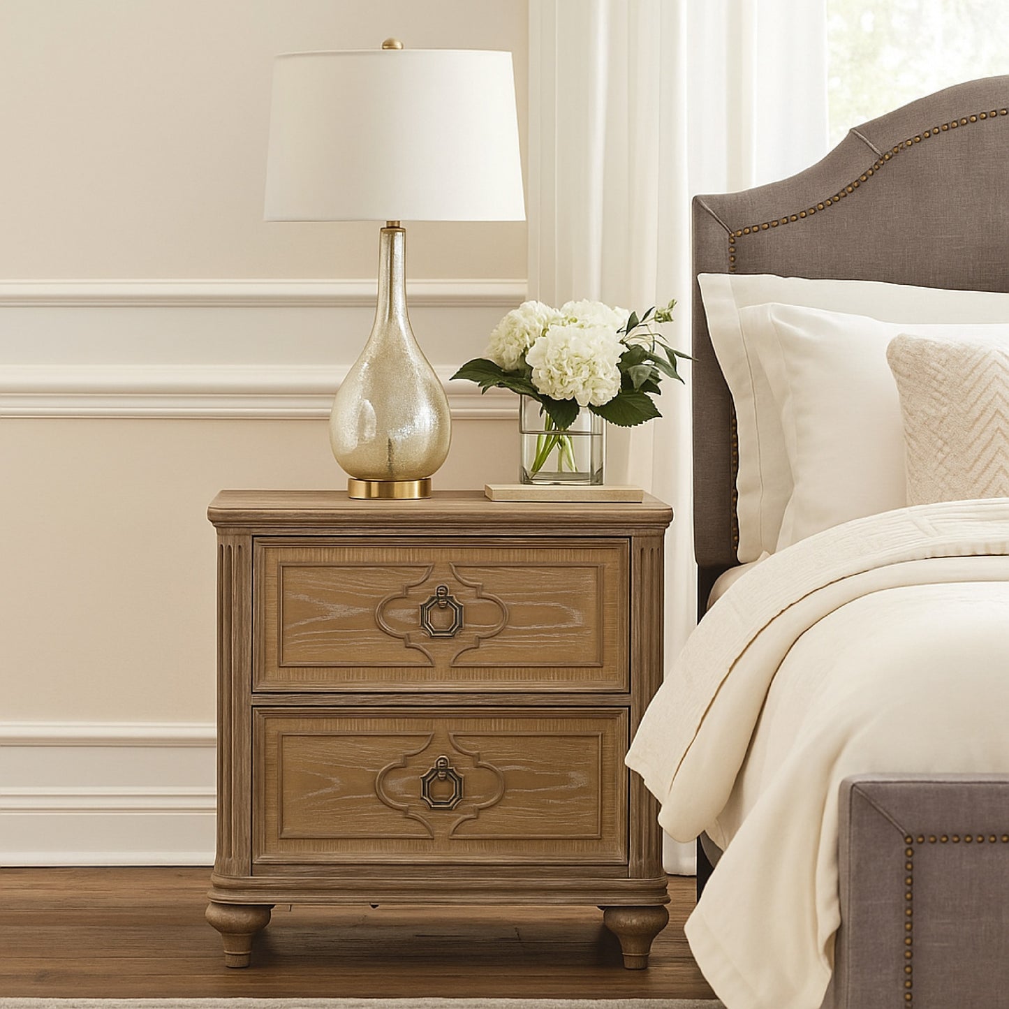 Lyla Nightstand w USB, 2 Drawers, Rustic Oak Solid Wood Frame, 30 Inch