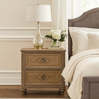 Lyla Nightstand w USB, 2 Drawers, Rustic Oak Solid Wood Frame, 30 Inch