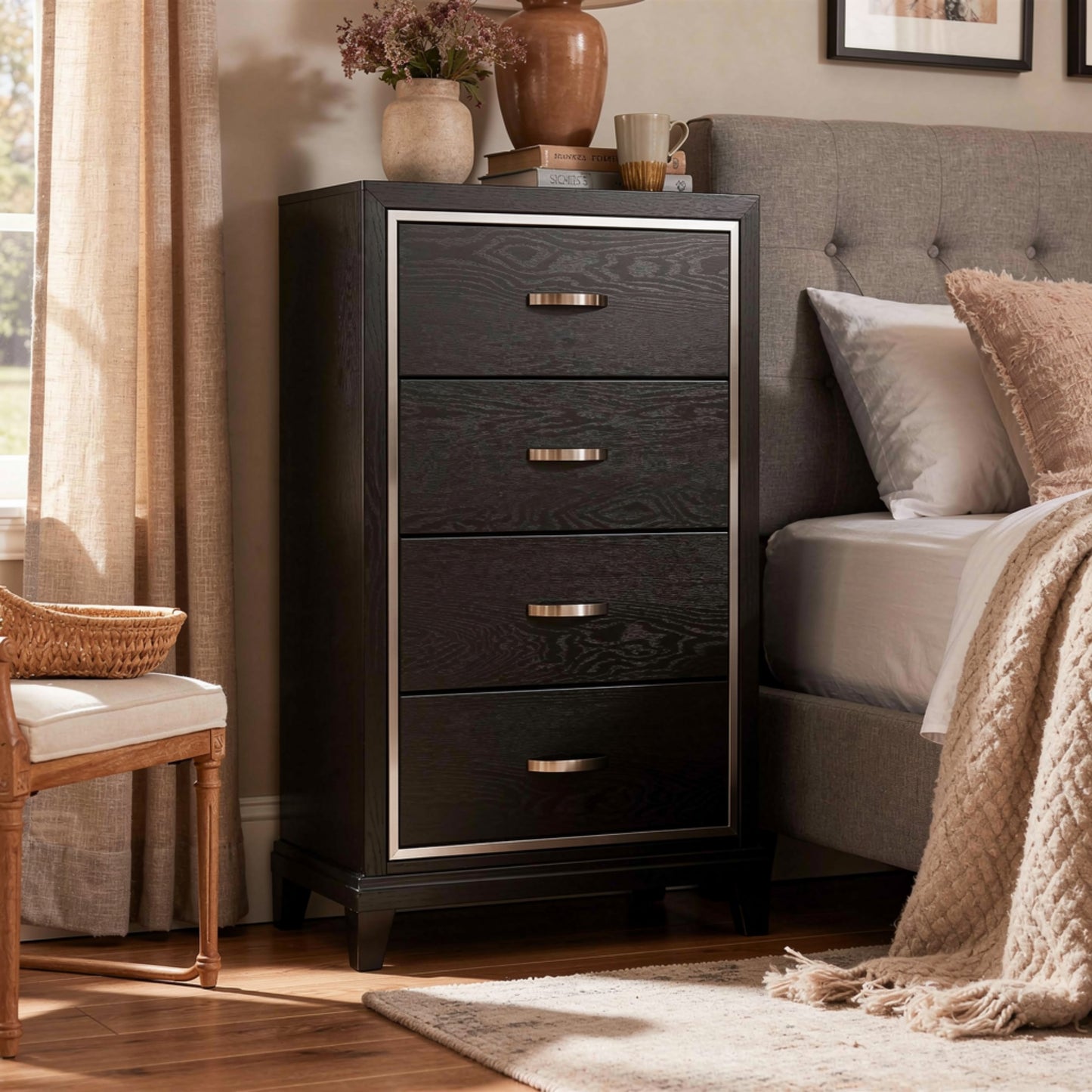 Lyla Tall Dresser Chest, Glam Silver Trim, 4 Drawer, Black Wood