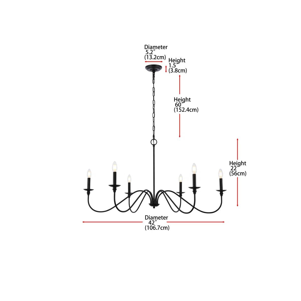42-inch Traditional 6-Light Dimmable Chandelier in Matte Black Finish