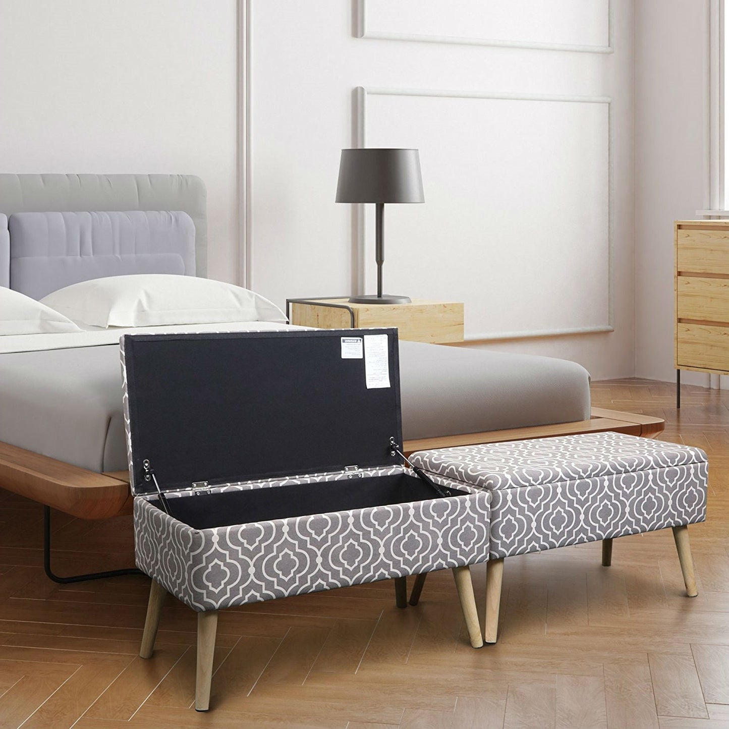 Mid-Century Style Ottoman Footrest Storage Bench in Grey and White