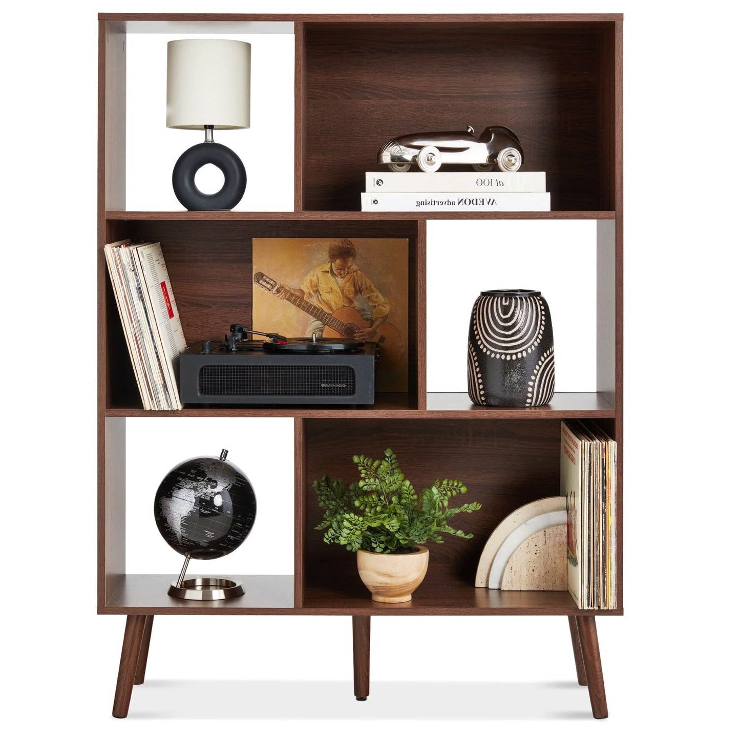 Mid Century Style Bookcase Storage Shelving Unit in Walnut Wood Finish — Chic Home-Decor