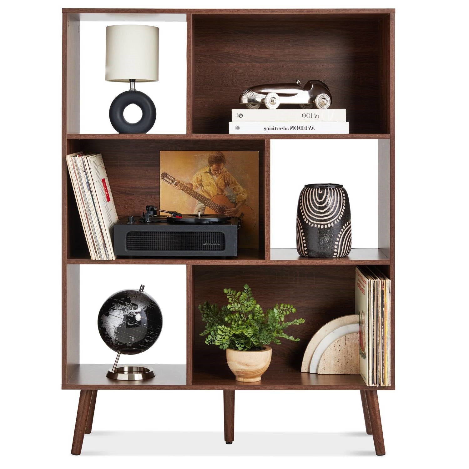 Mid Century Style Bookcase Storage Shelving Unit in Walnut Wood Finish — Chic Home-Decor
