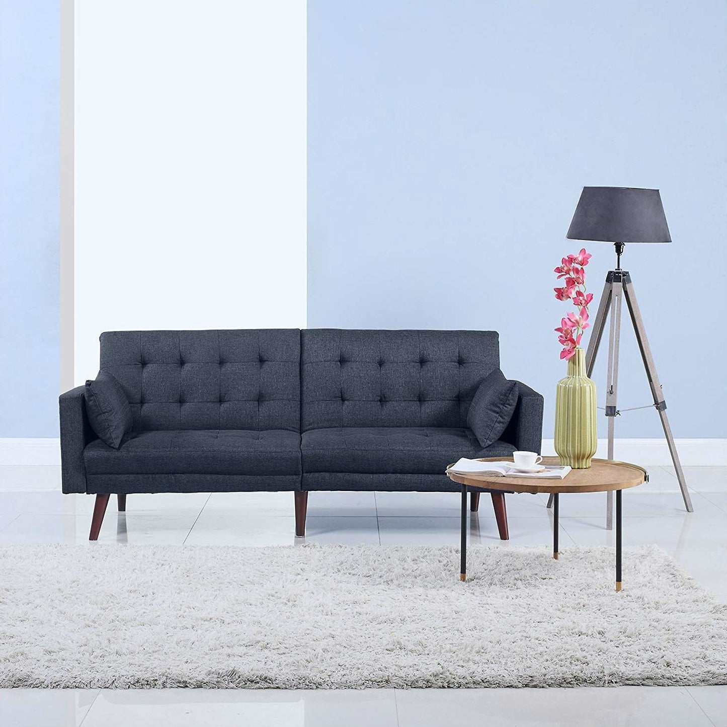 Modern Mid-Century Sleeper Sofa Bed in Dark Blue Black Linen