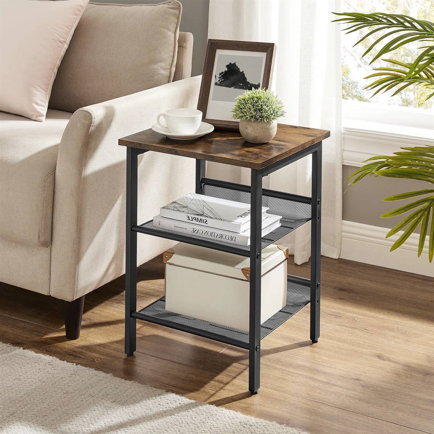 Modern Industrial End Table Nightstand Black Metal Brown Wood Top Side Table — Chic Home-Decor