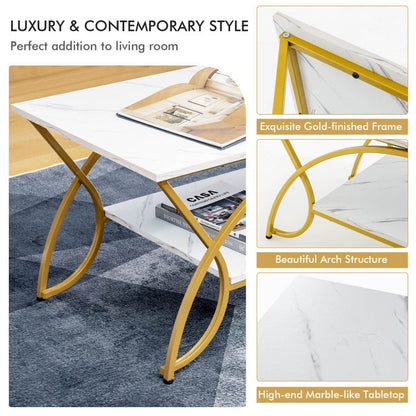 Modern White Faux Marble 2 Tier Coffee Table with Gold Finish Metal Curved Legs