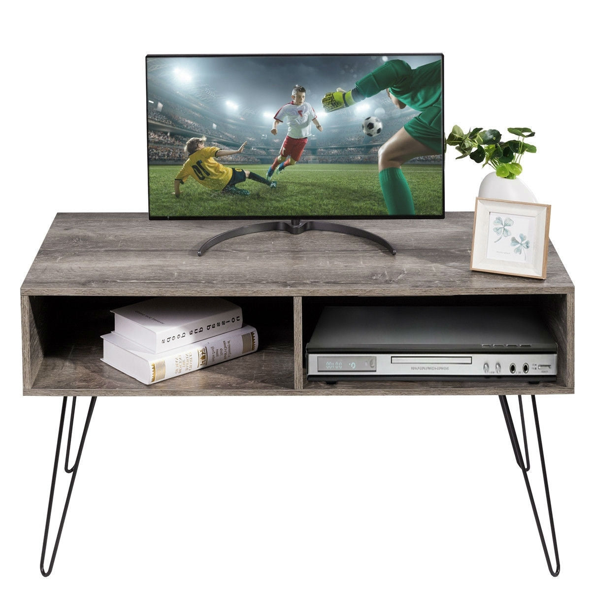 Modern TV Stand in Oak Wood Finish with Metal Legs - Fits up to 42-inch TV