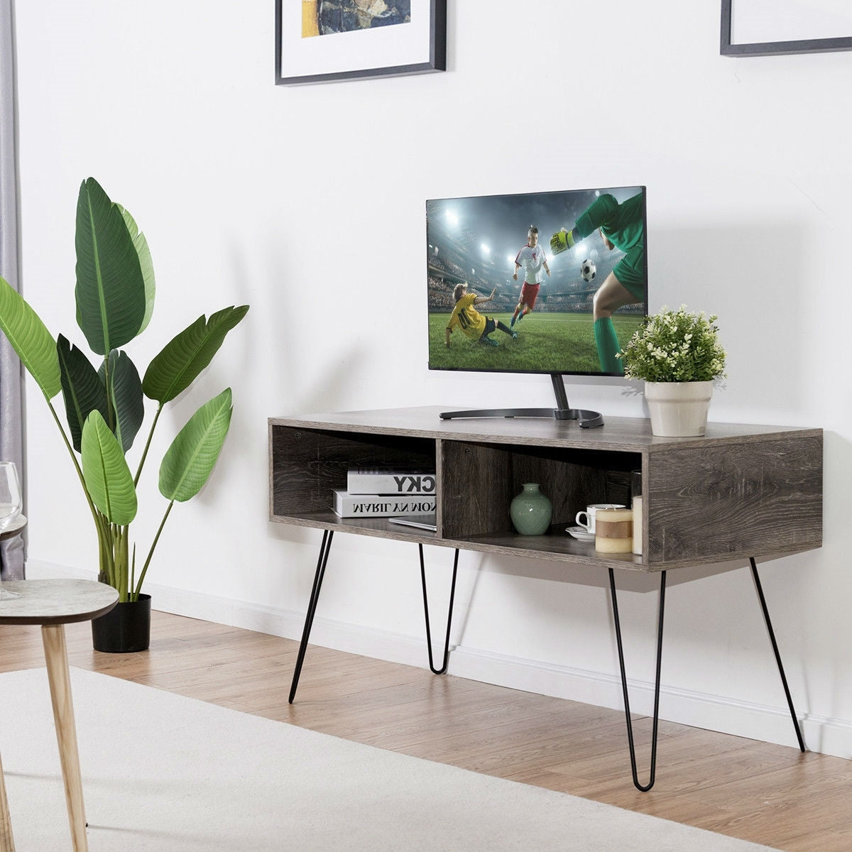 Modern TV Stand in Oak Wood Finish with Metal Legs - Fits up to 42-inch TV