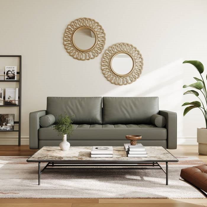 Grey Upholstered Faux Leather Sofa w/ Pillows Solid Hardwood Legs
