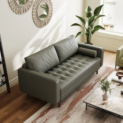 Grey Upholstered Faux Leather Sofa w/ Pillows Solid Hardwood Legs