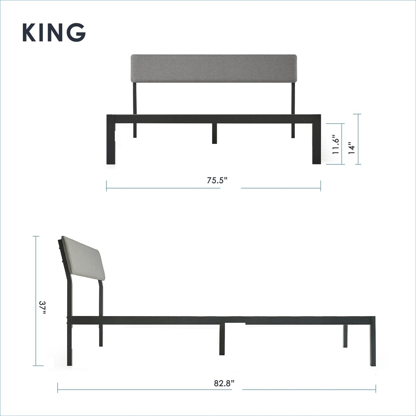 King size bed frame with grey soft-fabric headboard and black metal platform