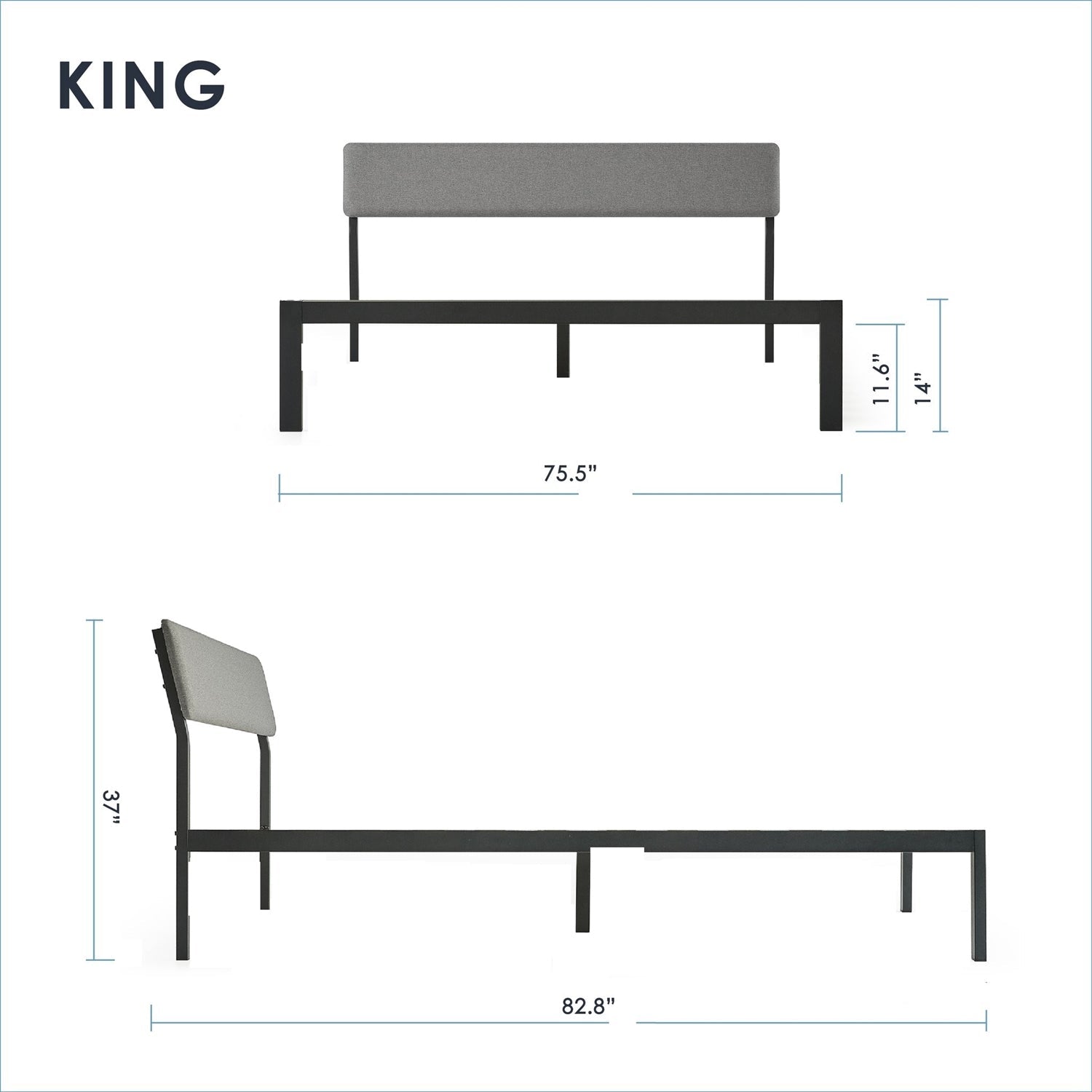 King size bed frame with grey soft-fabric headboard and black metal platform