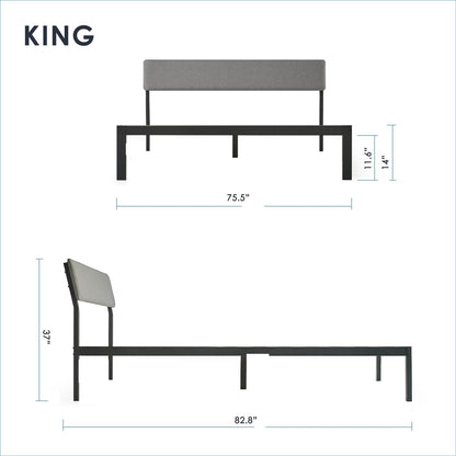 King size bed frame with grey soft-fabric headboard and black metal platform