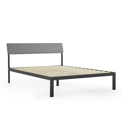 King size grey fabric headboard platform bed with black metal frame and wooden slats, FastFurnishings