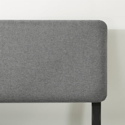 King-size grey soft-fabric headboard with black metal leg for a platform bed