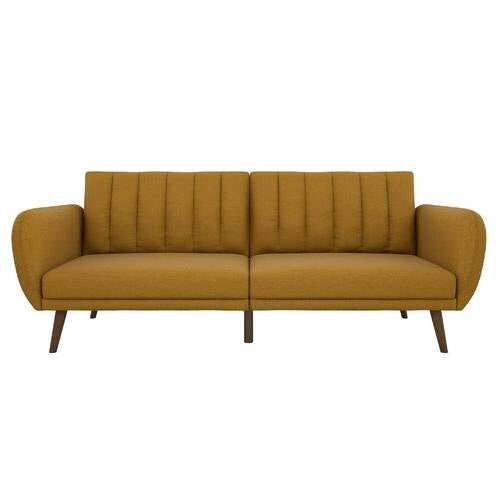 Mustard Linen Upholstered Futon Sofa Bed with Mid-Century Style Wooden Legs — Chic Home-Decor