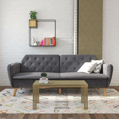Memory Foam Futon Sofa Bed with Grey Velvet Upholstery and Wooden Legs
