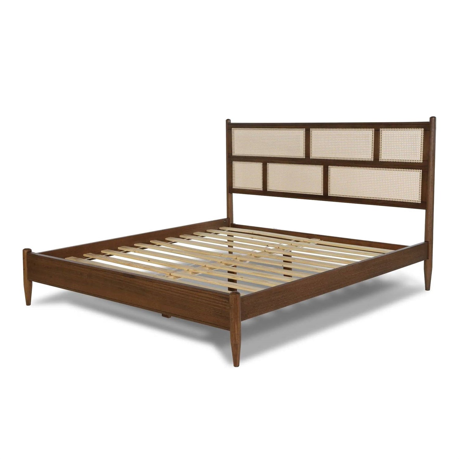 King Size Hardwood Platform Bed Frame with Cane Paneling Headboard in Walnut — Chic Home-Decor