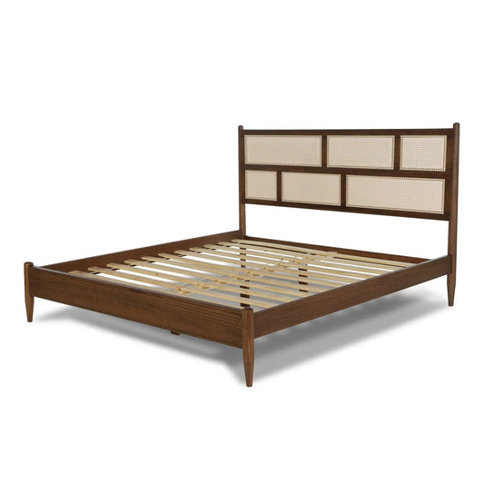 King Size Hardwood Platform Bed Frame with Cane Paneling Headboard in Walnut — Chic Home-Decor