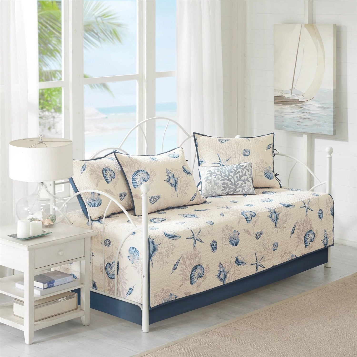 6-Piece Nautical Sea Shells Coral Blue Beige Reversible Daybed Cover Bedding Set — Chic Home-Decor