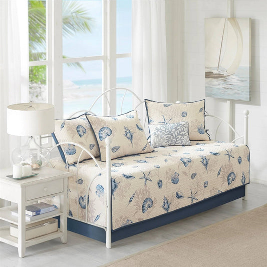 6-Piece Nautical Sea Shells Coral Blue Beige Reversible Daybed Cover Bedding Set — Chic Home-Decor