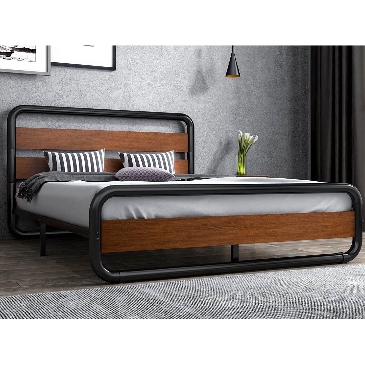 Queen Heavy Duty Modern Industrial Metal Wood Platform Bed Frame with Headboard — Chic Home-Decor