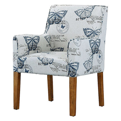 Modern Linen Upholstered Armchair with Blue Butterfly Pattern and Wood Legs