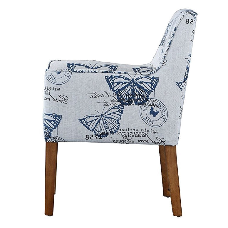 Modern Linen Upholstered Armchair with Blue Butterfly Pattern and Wood Legs