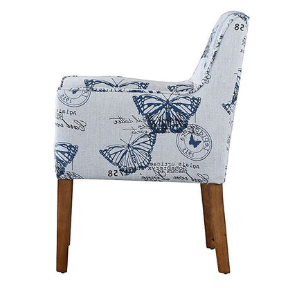 Modern Linen Upholstered Armchair with Blue Butterfly Pattern and Wood Legs