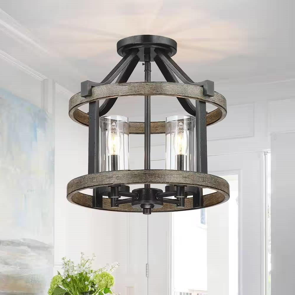 Round 4-Light 12.5-inch Metal Wood Farmhouse Ceiling Lamp - Semi-Flush Mount — Chic Home-Decor