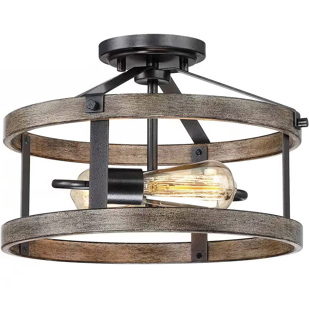 Round 13-inch Metal Wood Farmhouse 2-Light Ceiling Lamp - Semi-Flush Mount — Chic Home-Decor