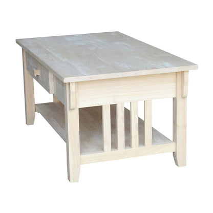 Unfinished Solid Wood Coffee Table Drawer and Shelf