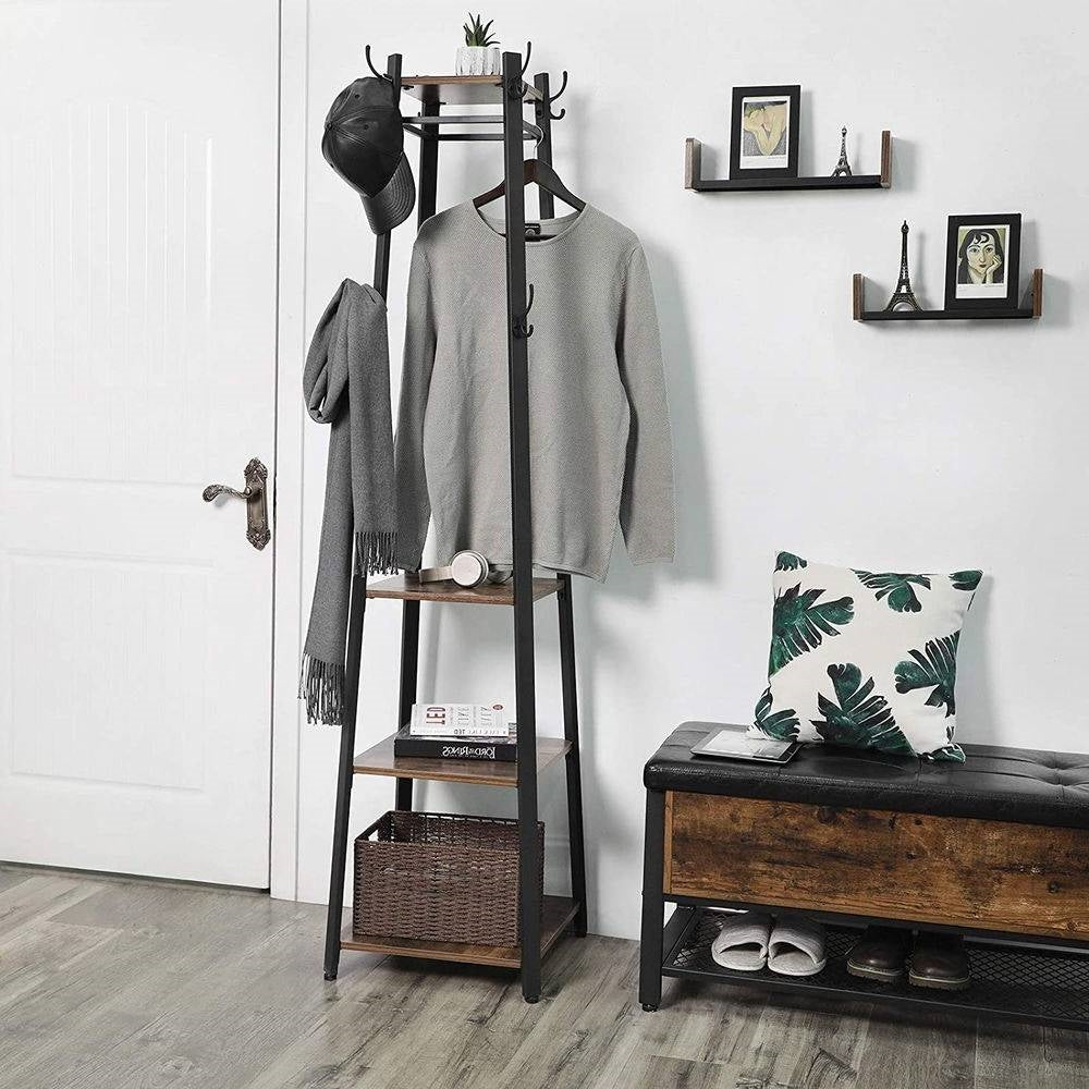 Modern Industrial Metal Frame Wood Shelf Coat Rack with 3-Shelves — Chic Home-Decor