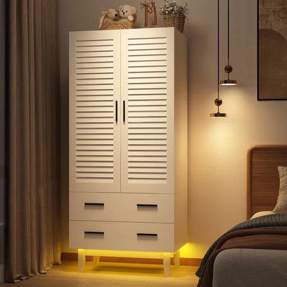 Mid-Century Wardrobe Armoire with Louver Doors Storage Drawers and Hanging Rod