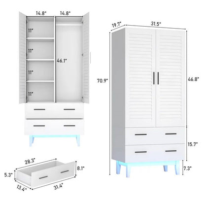 Mid-Century Wardrobe Armoire with Louver Doors Storage Drawers and Hanging Rod