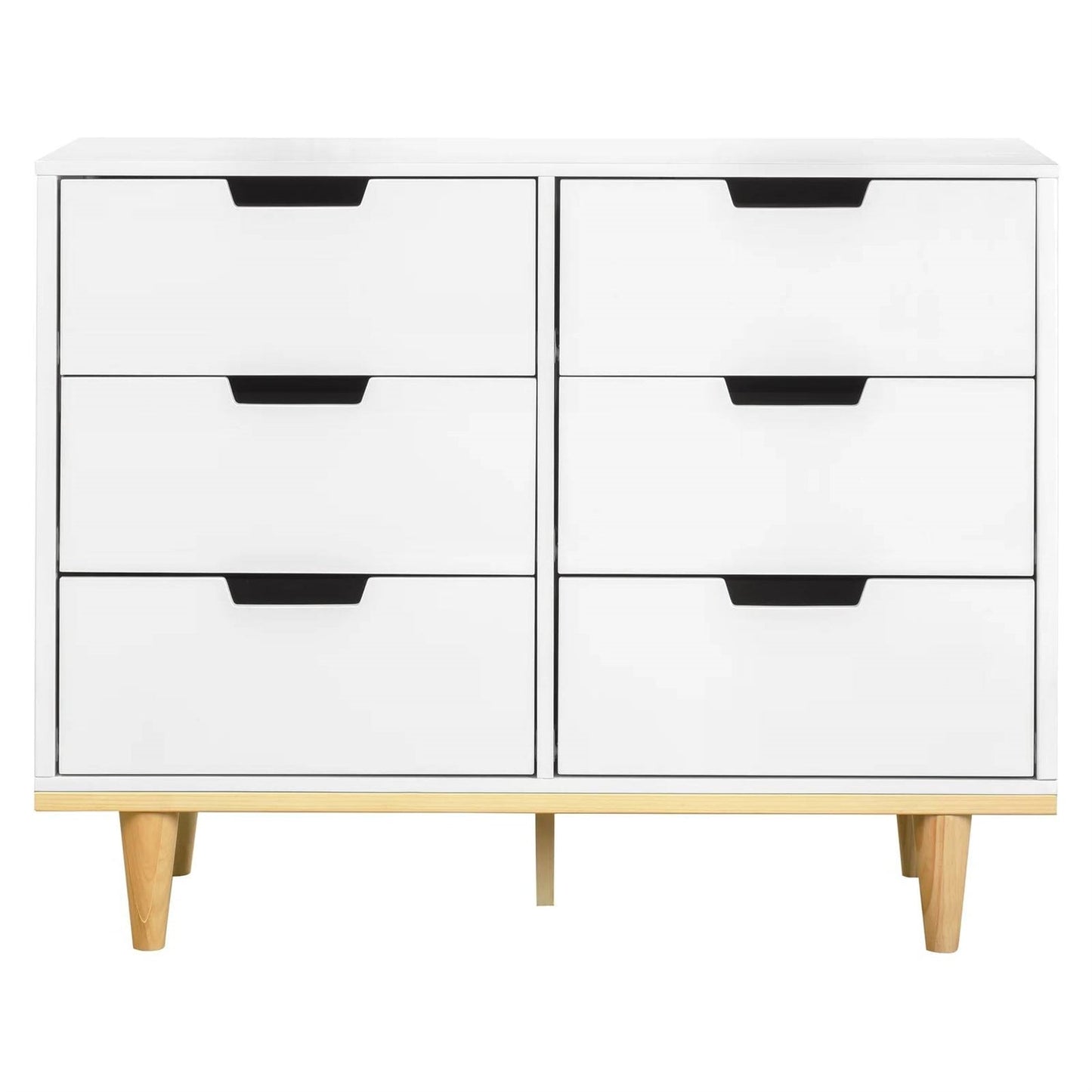 Modern Mid-Century Style 6-Drawer Double Dresser in White Natural Wood Finish — Chic Home-Decor