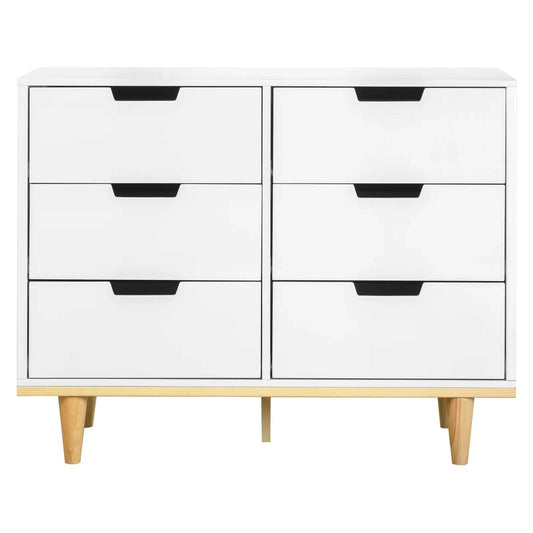 Modern Mid-Century Style 6-Drawer Double Dresser in White Natural Wood Finish — Chic Home-Decor