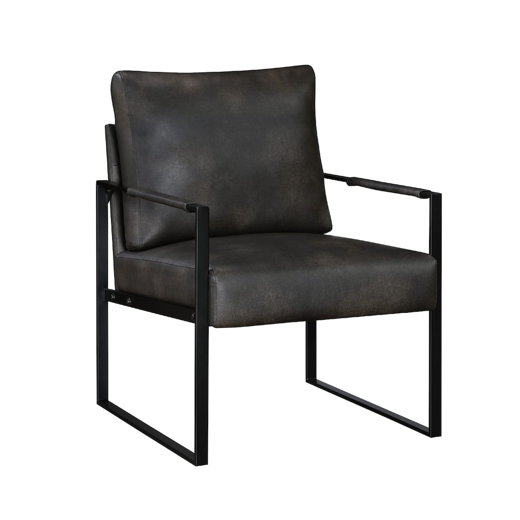 Mackie Accent Armchair, Dark Brown Faux Leather, Black Metal Frame