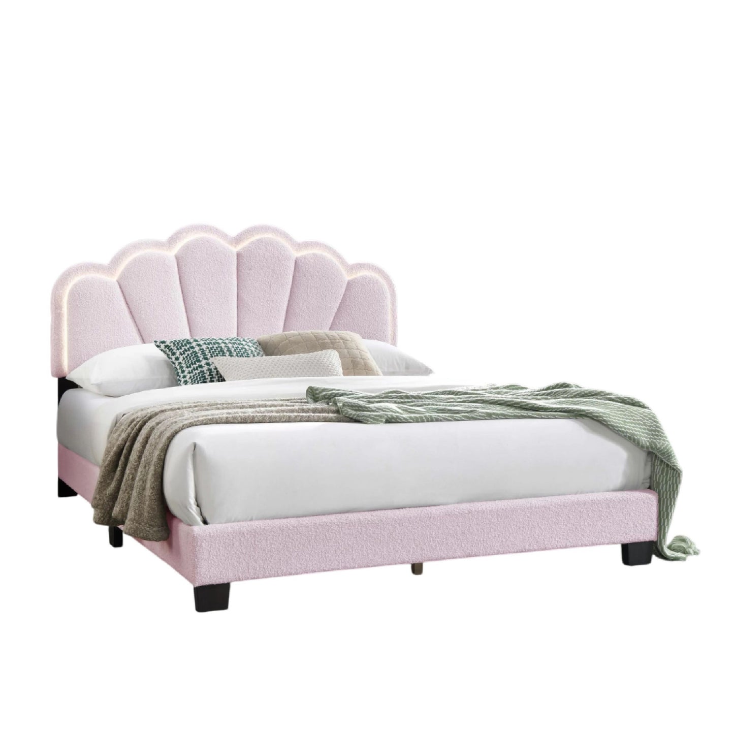 Madsy Full Bed, White Upholstered Fan-Shaped Headboard, Metallic Accents