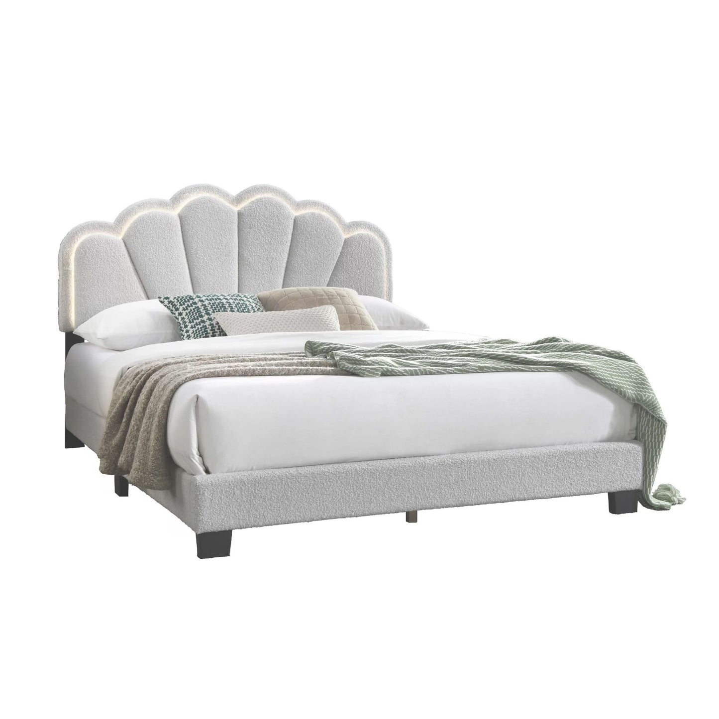 Madsy Full Bed, Gray Upholstered Fan-Shaped Headboard, Metallic Accents